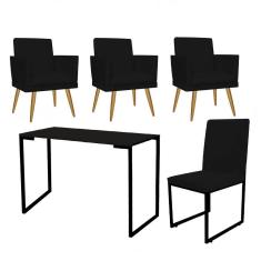 Imagem de Kit Escritório Stan 3 Poltronas Rodapé com Cadeira e Mesa Industrial Tampo Preto Corino Preto - Ahz Móveis