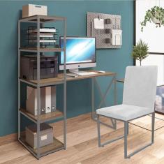 Imagem de Kit Escritório Mesa Max BeX 5 Prateleiras e Cadeira Stan Cinza Tampo Rústico Corino Branco - Ahz Móveis