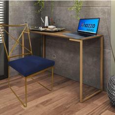 Imagem de Kit Escritório Clark Cadeira e Mesa Industrial Ferro Dourado Tampo MDF Ambar Suede Azul Marinho - Ahz Móveis