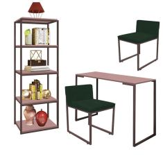 Imagem de Kit Escritório Ravi 2 Cadeiras Suede Verde com 1 Mesa e 1 Livreiro Ferro Marrom MDF Rose Rosa - Ahazzo Móveis
