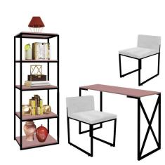 Imagem de Kit Escritório Bex 2 Cadeiras Suede Branco com 1 Mesa e 1 Livreiro Ferro Preto MDF Rose Rosa - Ahazzo Móveis