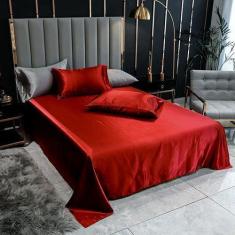 Imagem de Lençol Superior Casal King Com 2 Fronhas Cetim Seda Vermelho - Confecç