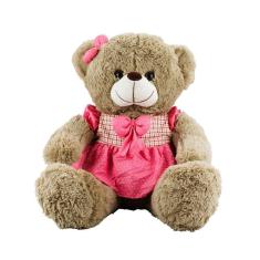 Imagem de Ursa de Pelúcia Sentada 39cm - Marrom com Vestido Rosa