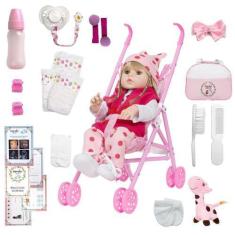 Imagem de Boneca Estilo Reborn Baby Girafinha Loira 46cm Com Carrinho - Cegonha