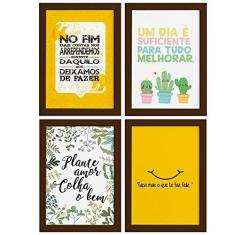 Imagem de Quadros Frases Vida Feliz Moldura Marrom 22x32cm 4un