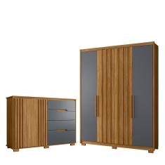 Imagem de Kit Guarda Roupa 4 Portas E Cômoda Sapateira Munique M01 Freijó Cinza Clique Chique