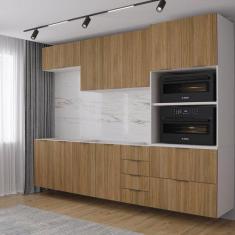 Imagem de Cozinha Modulada 5 Peças Sem Tampo 2 Aéreos 2 Balcões 1 Torre Quente Ipanema Cabecasa Madeiramadeira Acácia/branco