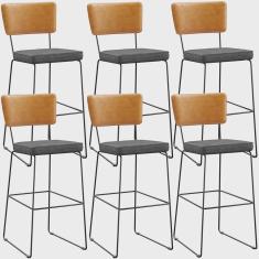 Imagem de Kit 06 Banquetas Altas Bar Sala De Jantar Fixa Allana L02 Couríssimo Whisky Linho Cinza - Lyam Decor