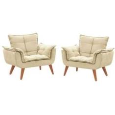 Imagem de Kit 2 Poltronas Decorativas Estofadas Opala Para Sala de Estar Sued Bege Aradecor
