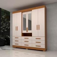 Imagem de Guarda-roupa Casal 178,80cm 6 Portas 9 Gavetas Capelinha com Espelho 100% Mdf Débora Cinamomo/Off White