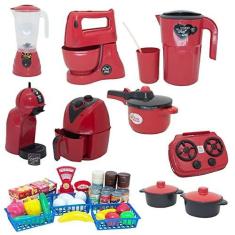 Imagem de Kit Cozinha Brinquedo Vermelho Mercado Fogão Air Fryer 44pç