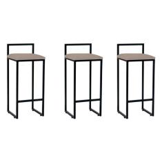 Imagem de Kit 3 Banquetas Altas Industriais Em Aço Dori Preto Assento Suede Bege - Cor: Bege