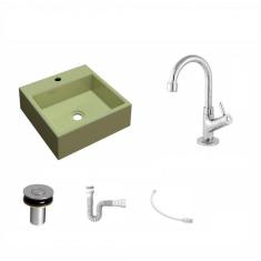 Imagem de Kit Cuba Q355 Com Torneira 1198 Metal E Válvula Click 1 Polegada B E Sifão Pvc E Flexível Compace Verde Acqua