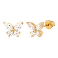 Imagem de Brinco Infantil Borboleta Zirconia 2 Furo - Dourado - De Castro Joias