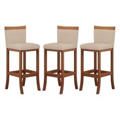 Imagem de Kit 3 Banquetas Alta Encosto Estofado 38x102 Cm Paris Madeira Maciça Castanho Suede CCS