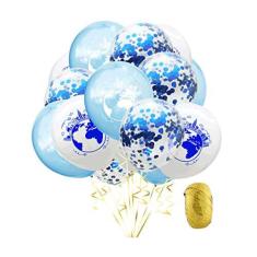 Imagem de TOYANDONA Balões de mapa-múndi de 30 cm, balões de confete de lantejoulas, balões com fita para aniversário, dia da terra, artigos de decoração de festa de casamento (azul claro, branco)