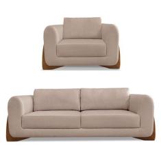 Imagem de Kit Poltrona E Sofá Living 2 Lugares 1,60M Lottus Linho Areia Pés Cast