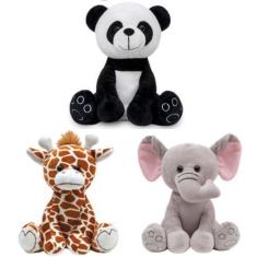 Imagem de Kit 3 Pelúcias Safari Panda Girafa e Elefante para Bebês Buba