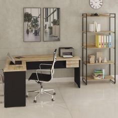 Imagem de Conjunto Home Office 2 Peças com Escrivaninha Work30 e Estante Kuadra Carvalho/Preto Ônix