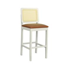 Imagem de Banqueta Alta Bistrô Lyon Madeira Maciça Encosto Telinha Assento Estofado Sintético Off-White/Caramelo