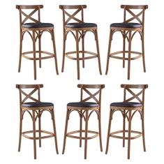 Imagem de Kit 6 Banquetas Alta Estofada Espanha 43 x 103 Cm Madeira Maciça Mel Facto Marrom L74 - RMI