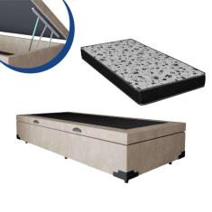 Imagem de Cama Box Baú Solteiro Colchão Espuma D33 Bordado + Box Bege Suede 53x88x188