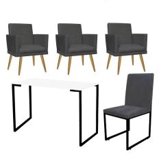 Imagem de Kit Escritório Stan 3 Poltronas Rodapé com Cadeira e Mesa Industrial Branco Preto Tecido Sintético Cinza - Ahz Móveis