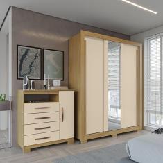 Imagem de Kit Guarda Roupa Casal Dallas 3 Portas 2 Gavetas com Espelho e Cômoda Aspen 1 Porta 4 Gavetas I01 Carvalho Off White - Clique Chique Móveis