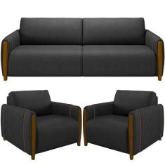Imagem de Kit Sofá 03 Lugares Sala Estar 223cm Com 02 Poltronas Flora Pés Madeir