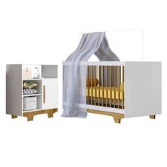 Imagem de Quarto de Bebê com Berço Mini Cama Flocos e Cômoda 100% Mdf 1 Porta 3 Prateleiras Flocos Branco/madeirado Ypê