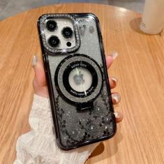 Imagem de Capa de suporte luxuosa flor glitter diamante para iPhone 14 11 12 15 13 Pro Max 14 15Plus capa à prova de choque, preta, para iPhone 13 ProMax