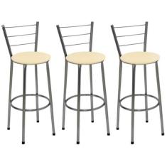 Imagem de Kit 3 Banquetas Altas Cromada Com Encosto Assento Bege - Jaddi