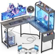 Imagem de Mesa de jogos pequena em forma de L com tomadas, mesa de canto para jogos com luz LED, mesa reversível em forma de L com suporte e suporte para monitor, mesa em forma de L, mesa de escritório