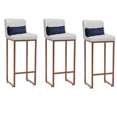 Imagem de Kit 03 Banqueta Alta com Encosto Lucca Industrial Cozinha Balcão Ferro Bronze Corino Branco e Almofada Azul Marinho - Ahazzo Móveis