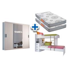 Imagem de Colchão Pérola Polar (2Un) + Guarda Roupa Veneza Luxo + Beliche Plus Branco