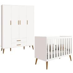 Imagem de Berço Americano 2 em 1 e Guarda Roupa Isis Retrô 4 Portas 2 Gavetas Branco Fosco - Reller