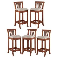 Imagem de Kit 5 Banquetas Média Estofada Encosto Valentina 36x90Cm Bancada Madeira Maciça Linho Bege M58 - RMI