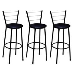 Imagem de Kit 3 Banquetas Alta Preta com Encosto Assento Preto Jaddi