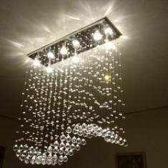 Imagem de lustre de cristal para sala de jantar, base de inox 70x20cm e 06 Gu10 lâmpadas de