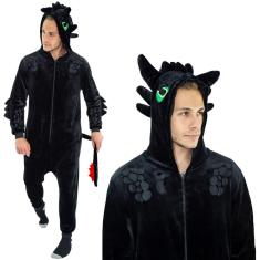 Imagem de Banguela Macacão Kigurumi Pijama Roupa Fantasia Cosplay Dragão Preto Inverno Adulto Oficial
