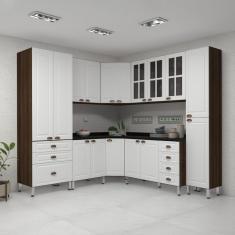 Imagem de Armário De Cozinha Completa 8 Peças Com Tampos E Vidro Safira Luciane Móveis Nogueira-branco-preto