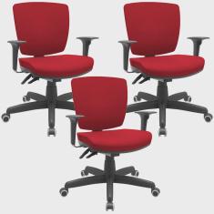 Imagem de Kit 03 Cadeiras de Escritório Executiva Giratória Preto Baixa Flexi P03 Poliéster Vermelho - Lyam