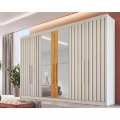 Imagem de Guarda Roupa Casal 6 Portas (4 Ripadas e 2 c/ Espelho) e 6 Gavetas Potente Off White/Peroba - Europa
