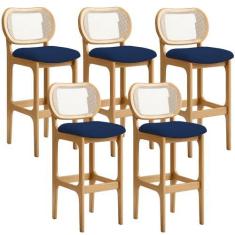 Imagem de Kit 05 Banquetas Altas Para Cozinha Bancada Sala Tela Betta Fixa L02 Suede Azul Marinho - Lyam