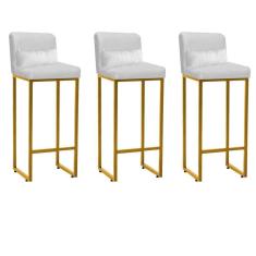 Imagem de Kit 03 Banqueta Alta com Encosto Lucca Industrial Cozinha Balcão Ferro Dourado Sintético Branco e Almofada Branco - Ahazzo Móveis