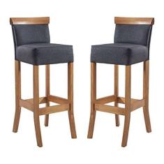 Imagem de Kit 2 Banquetas Alta Encosto Estofada 36x100 Cm Diamantina Madeira Maciça Mel Linho Cinza L67 - RMI