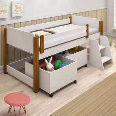 Imagem de Cama Solteiro Naty Com Nichos Branco/Amêndoa - Divaloto - Cor: Branco