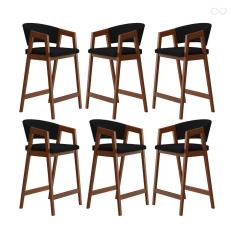 Imagem de Kit 6 Banquetas Alta para Cozinha Ravena em Madeira Maciça Pinhão Suede Preto CCS
