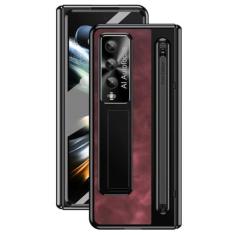 Imagem de Suporte de couro para caneta com capa Stylus para Samsung Galaxy Z Fold 5 4 Capa de proteção de dobradiça de tela de vidro para Z Fold5 Fold4, vinho tinto, para Galaxy Z Fold 5