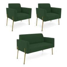 Imagem de Sofá Namoradeira 2 Poltronas Pé De Ferro Dourado Marisa Veludo Verde D03
